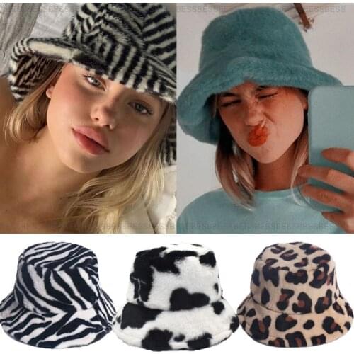 Women Zebra Leopard Artificial Faux Fur Warm Female Outdoor Sun Panama Girls Cap Wholesale