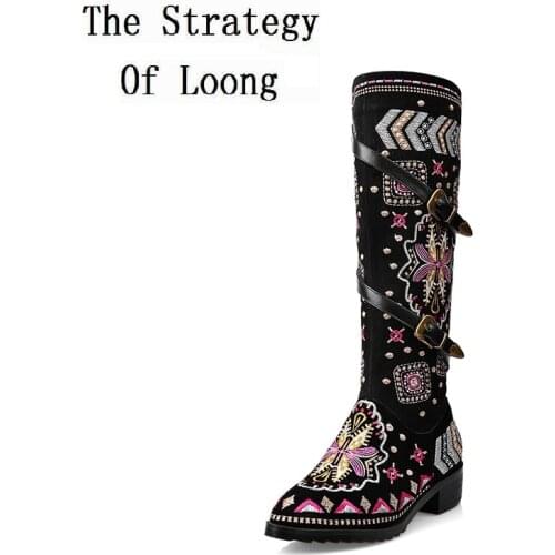 Women Autumn Winter Low Heel Full Grain Leather Flock Side Zipper Buckle Embroidery Knee High Boots Plus Size 41 42 43 Big Size