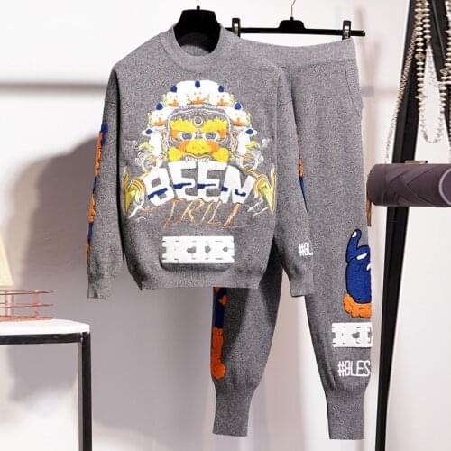 Streetwear 2 Piece Appliques Set Tracksuit Female Black Gray Hoodies Pants Women Matching Sets Outfits Sweatsuit