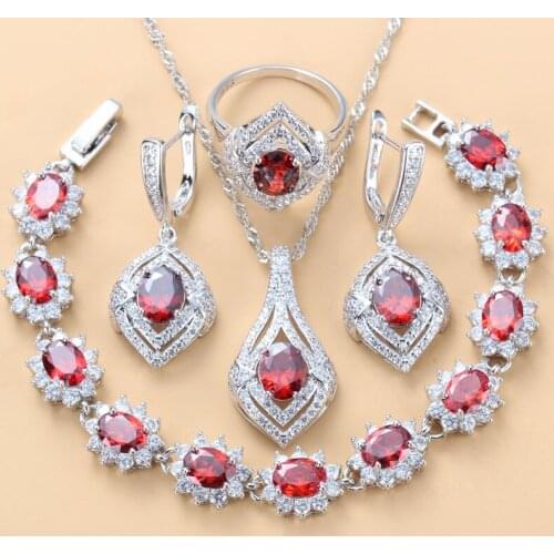 Women Wedding /Anniversary Costume Silver Color Natural Red CZ Jewelry Sets Bracelet Length 18+3 CM Ring Size 6/7/8/9/10