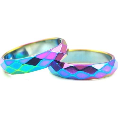 1pc 3A Grade High Quality 6mm Wide Colorful Faceted Hematite Rings Rainbow Fashion Jewelry Punk Gothic Men and Women Best Gifts