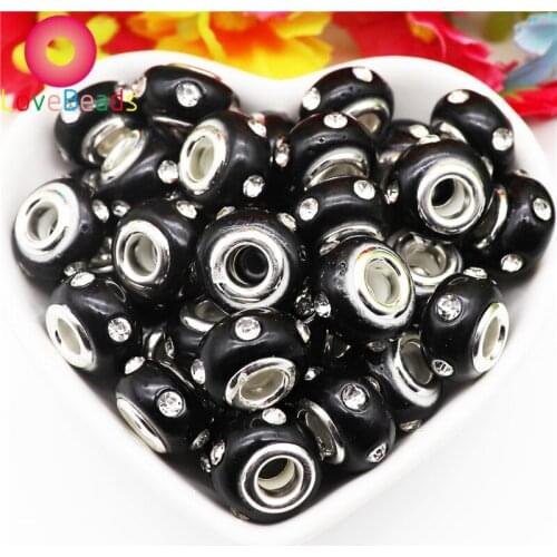 10 Pcs Black Color Crystal Big Hole Pave CZ Rhinestone Glass Spacer Beads Silver Plated Core Fit European Bracelet DIY Jewelry