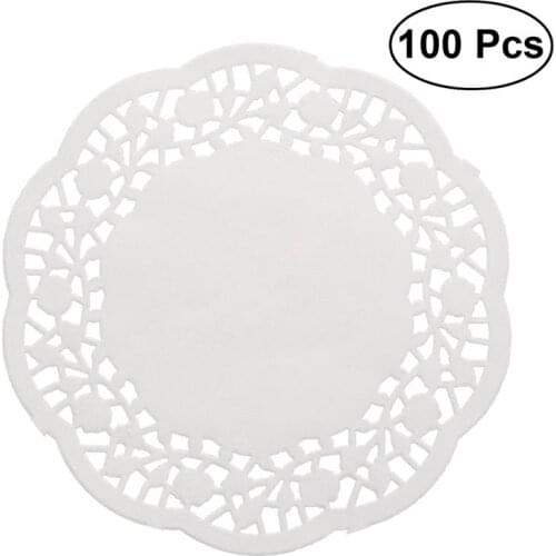 100pcs Disposable Cake Paper Oil-Absorbing White Lace Paper Doilies Cake Box Liner Packaging Paper Pad 4.5" (Random Grain Style)