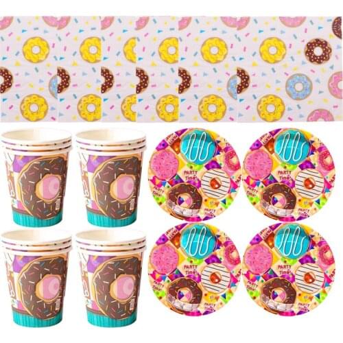 60pcs/lot Happy Birthday Party Donut Theme Plates Kids Boys Favors Cups Napkins Dishes Baby Shower Decorate Towel Glass Dishes