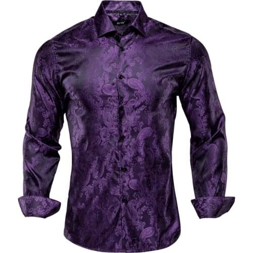 Hi-Tie Purple Black Paisley Floral Mens Silk Shirt Long Sleeve Casual Shirt For Men Jacquard Male Business Party Wedding Dress