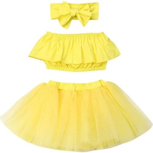 Summer Kids Baby Girl Clothes Sets 3Pcs Cute Ruffle Strapless Crop Tops+Tulle Skirt Ball Gown+Headband Girl Outfits 0-24M