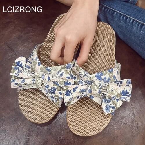 LCIZRONG Summer Beach Slippers Women Outdoor Flower Bow Linen Slipper Fashion Ladies Home Shoes Print Flax Flat Slippers