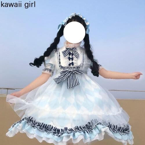 Lolita Dress Women Cute Blue White OP Short Sleeve Lolita Dress Kawaii 2020 New Japanese Soft Sister Ruffles Loose Dresses Jsk