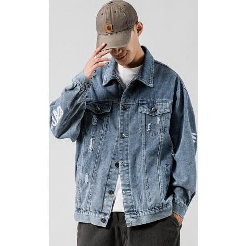 #7023 Blue Black Denim Jacket For Men Streetwear Hip Hop Jacket Loose Harajuku Letters Print Jeans Jacket Holes Plus Size 4XL