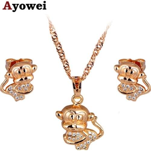 Cute Monkey Design Gold tone Fashion Jewelry sets Necklace Earrings Zircon Austrian Health Nickel & Lead free JS618A
