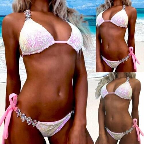 New 2020 Summer Womens Bikini Silver Sequin Bikini Set Rhinestones Padded Scrunch Butt Swim Wear Suit Bathing Suit Swimming Suit