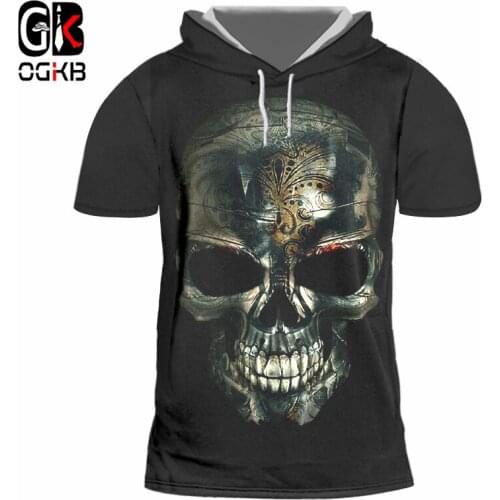 OGKB Unisex Hiphop Punk Tees Long Drawstring Short Sleeve Hooded Tshirt Summer Women/mens 3d Print Flame Lion T-shirts With Cap
