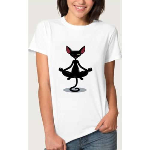 Casual Woman White Tops Cartoon Cat Tees Woman O-neck Summer Short Sleeve Tops Female T-shirt