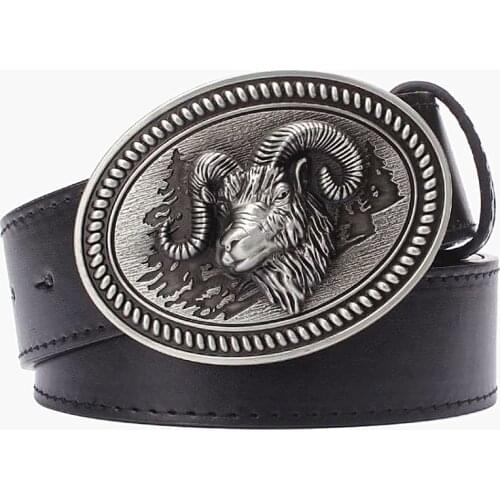 Male strap Animal style belt metal buckle belts ram head goat leather belt sheep sign gift for men wild western cowboy belt