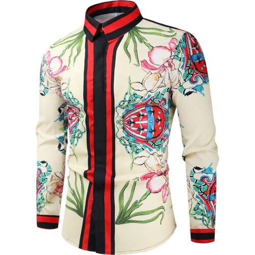 Casual Blouse Homme Baroque Banquet Shirt Paisley Men Shirt Luxury Korean Mens Long Sleeve Print Shirts Men Slim Fit 553