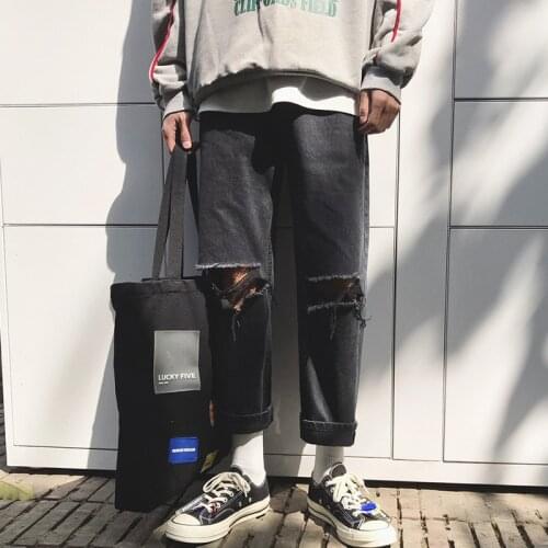 Ripped jeans mens brand trendy hip-hop loose dad bad feet ankle length straight Japanese loose harem hip hop street pants