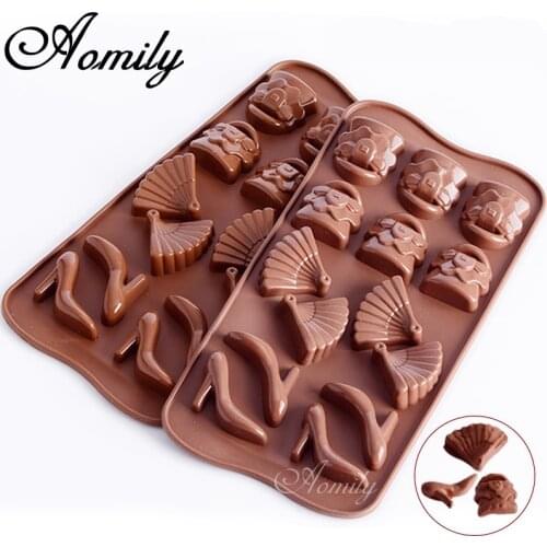 Aomily Lady Handbag Fan Shoes Shaped DIY Silicone Soap Candy Fondant Chocolate Kitchen Mould Wedding Chocolate Cookies Cake Mold