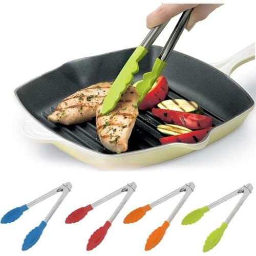 Silicone Kitchen Cooking Salad Serving BBQ Tongs Stainless Steel Handle Utensil Barbeque Tongs Food Clip Random Color New
