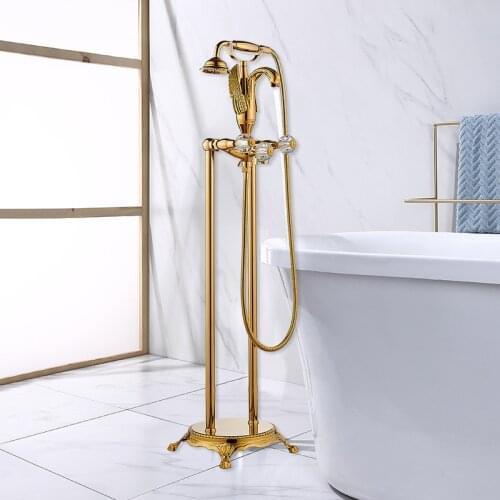 Bathtub Mixer Swan Bath Tub Sink Faucets Set Floor Mounted Free Standing Hot and Cold Bath Shower Set Gold Brass Hand shower Tap