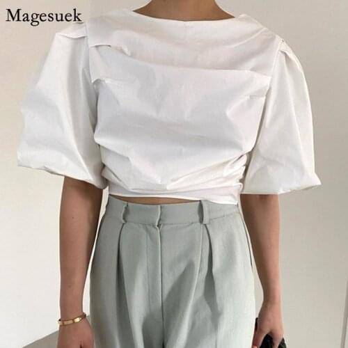 Korean Puff Short Sleeve Summer Shirt Women Clothing Loose Cotton White Woman Blouses Casual Fashon Pleated Ladies Tops 14667