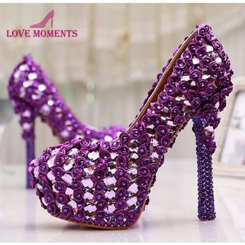 Large Size 11 Gorgeous Purple Crystal Platform Heels Pumps Women Wedding Party Dress Shoes 5 Inches Wedding Bouquet Prom Shoes