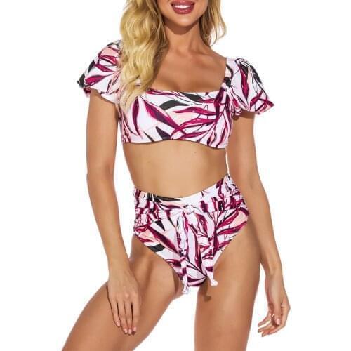 2pcs Women Swimsuits Bikini Set Push-Up Padded Top High Waist Print Ruffle Sleeve Bandage Thong Swimwear Sexy Beachwear 2021