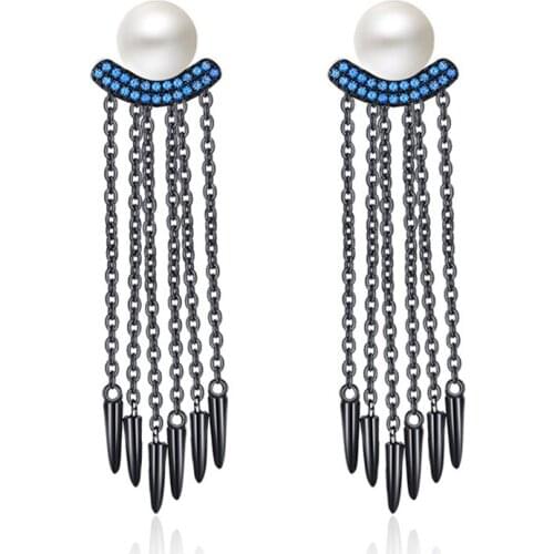 Hot Sale Long Chain Tassel Earrings For Women Pure 925 Sterling Silver Freshwater Pearl Blue CZ Stone Earring party Gift Jewelry