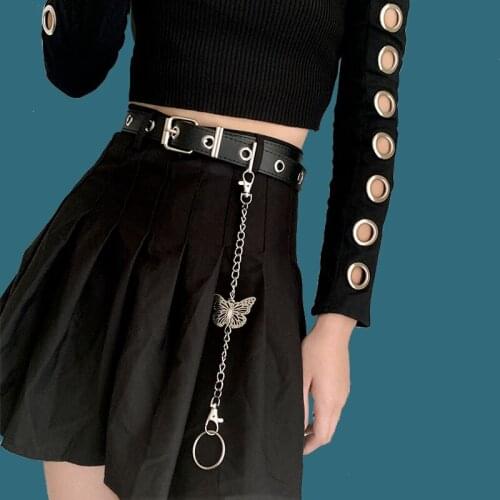 Women Girl Belt Leather Punk Belt Fashion Pin Buckle Jeans Belt With Butterfly Chain Fashion Lady Pendant Belt