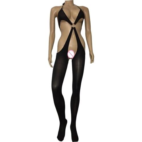 Womens Sexy Lingerie Black Open Crotch Bodysuit Hips Hollow Out Tops Halter Style Bodystockings