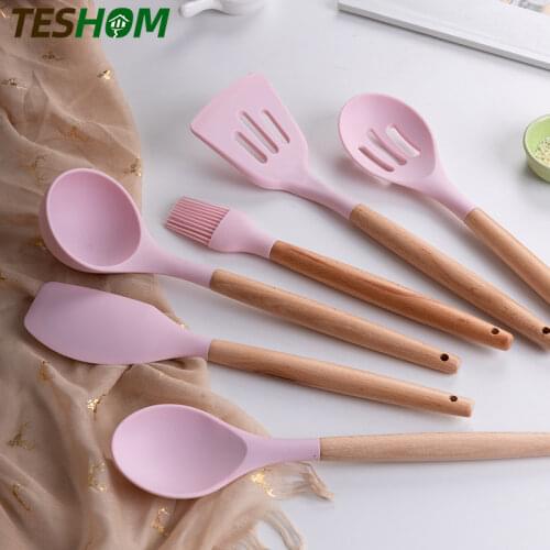 1PC Pink Cooking Tools Premium Silicone Wooden Handle Kitchen Cooking Utensils Set Turner Tongs Spatula Soup Spoon Accessories