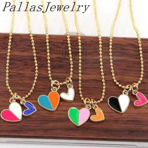 10Pcs Wholesale Enamel Heart Pendant Jewelry Gold Plated Enamel Dainty Mini Small Heart Charms Necklace