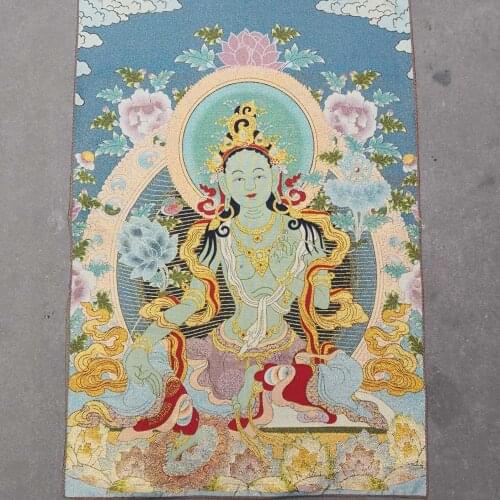 36 inch Chinese Silk embroidery White Tara Compassion Goddess Thangka Painting Mural