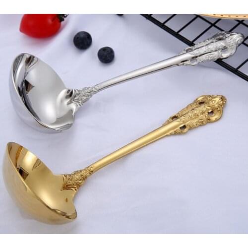 50pcs Vintage Western Gold Plated Cutlery Dining Soup Spoon Golden Silver Luxury Stainless Steel Engraving Tableware SN1977