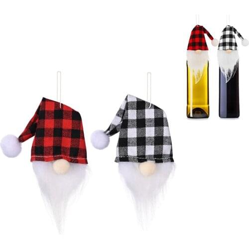 60 PCS Christmas Gnome Wine Bottle Cover Handmade Buffalo Plaid Champagne Toppers Santa Hat Hanging Decoration Wholesale XB
