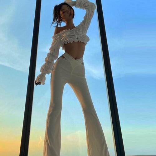 Female Flared Trousers Solid Color Ribbed Lace Trim Low Waist Hollow Out Pants for Spring Fall White