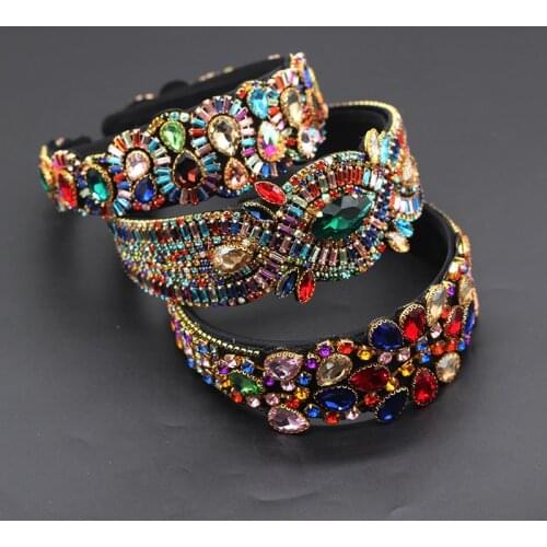 Color rhinestone flower wide-brimmed headband Baroque fashion luxury heavy industry exquisite retro headband 723