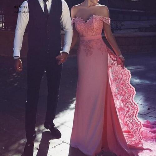 China Pink Sweetheart Off The Shoulder Floor Length Lace Applique Satin Mermaid Evening Dresses vestidos de fiesta de noche