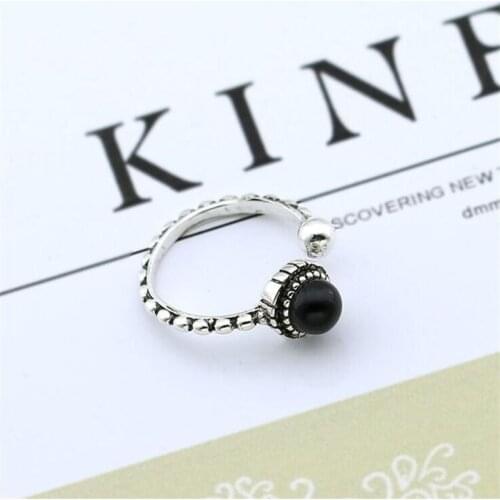 Personality Black Agate Braided Twist 925 Thai Silver Open Ring for Women Charm Female Elegant Accessories Anillos Mujer SR309