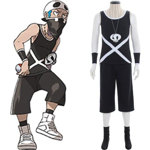 Anime Pokemon Sun and Moon Team Skull Cosplay Costume Adult Men Top Shorts Hat Halloween Carnival Costumes