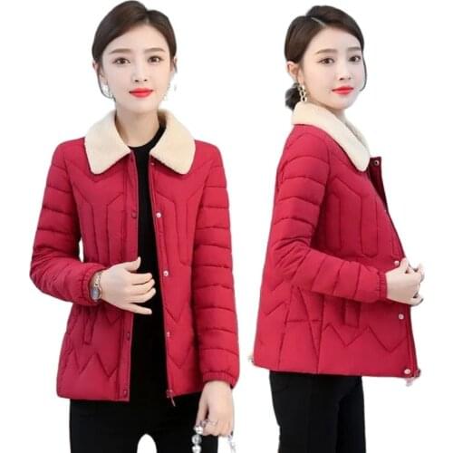 Parkas Women 2021New Autumn Winter Thin Jacket Fashion Lambswool Coller Warm Coat Thin light Down Cotton Parkes Jacket 5XL Q127