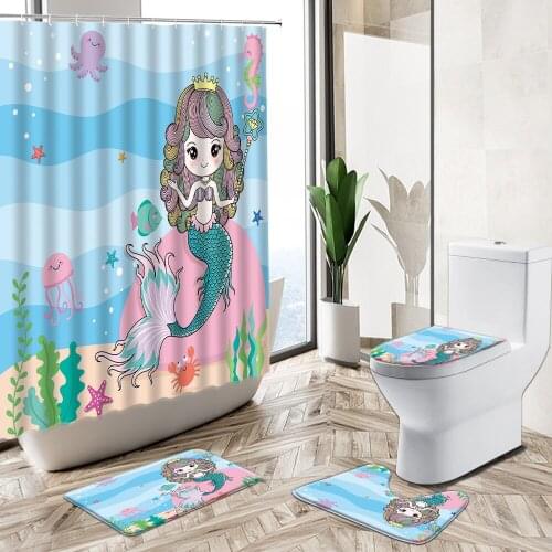 Cartoon Mermaid Shower Curtain Dolphin Girl Design Bathroom Set Ocean Animal Kid Room Non-Slip Carpet Toilet Cover Floor Mat Set