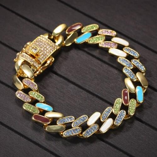 New Fashion Hip Hop Jewelry 12mm Colorful Dripping Oil Bracelet Curb Cuban Chain Mens Thick Silver Plated Rhinestone Link