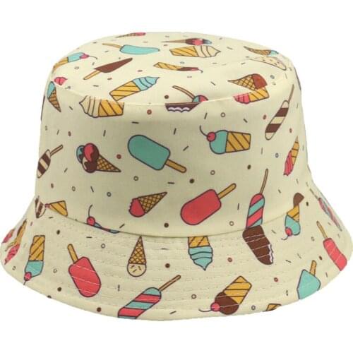New Fashion Cute Spring Summer Black White Ice Cream Popsicle Printed Buckethat Sun Fishing Caps Gorras