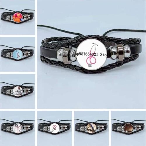 New Stethoscope Doctor Nurse Pink Icon Bracelet Glass Cabochon Multilayer Woven Leather Bracelet Nurse Doctor Souvenir