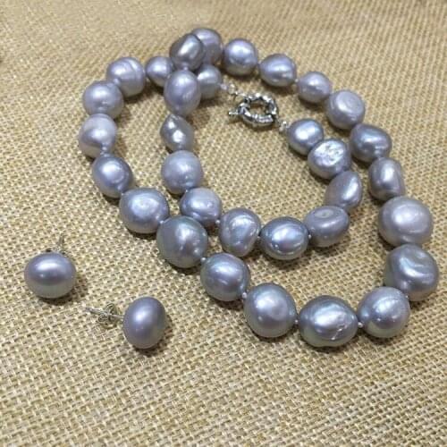 Charming nice pearl set necklace and earrings gray(grey) color semi baroque tear drop irregular shape 43cm shipping free