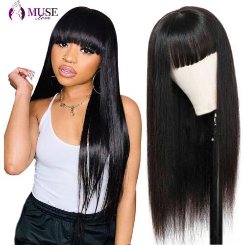 MUSE LOVE Straight Human Hair Wig With Bangs 180% Indian Straight Human Hair Wigs For Black Women Full Machine Made Straight Wig