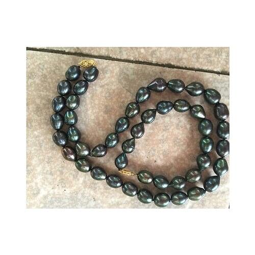 STUNNING 9-10MM TAHITIAN BLACK GREEN PEARL NECKLACE 18INCH BRACELET7.5-8"14k