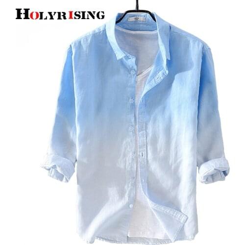 Holyrising New summer mens 100% linen shirt Seven-quarter sleeve shirt mens gradient blue male casual shirt 18815-5
