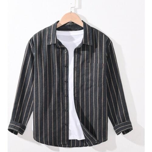 Striped Casual Shirt For Men Single Breasted Turn-down Collar Tops Autumn Long Sleeve Brand Clothing Y3493