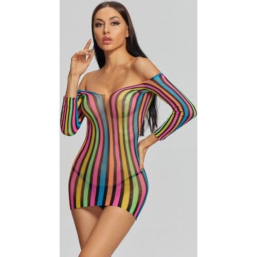 Sexy Costumes Lingerie Porno Hot Fishnet Bodysuit All-In-One Sheer Dress Colors Rainbow Babydoll Lace Sundress Wet Mini Dress